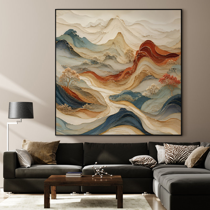 Très grand art mural imprimé sur tissu - Montagnes abstraites orange et vertes, décoration de salon moderne - "Assemblage requis du cadre (cadre non fini)"