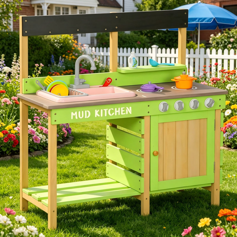 Cuisine de boue en bois pour enfants, cuisine de jeu extérieure avec jeu d'eau et jouets de cuisine - Cadeau pour les enfants de 3 à 8 ans