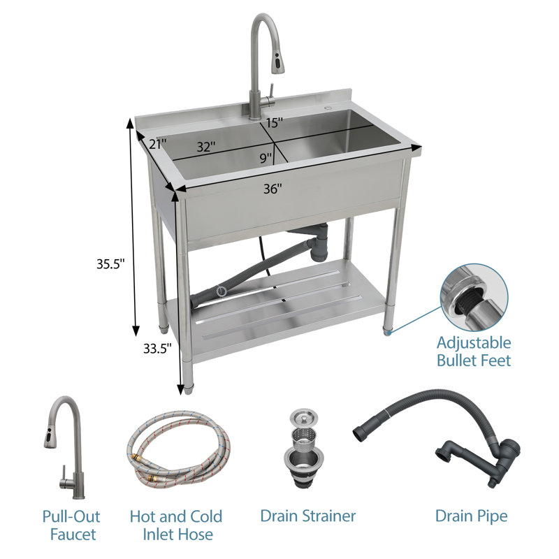 Évier de cuisine encastré en acier inoxydable à cuve simple l 36 po x P 21 po avec robinet coulissant, Acier Inoxydable