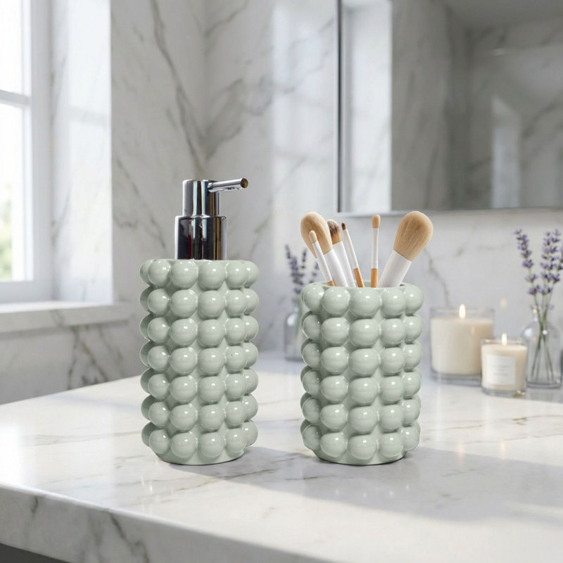 Ensemble d'accessoires de salle de bain texturé à bulles 2 pièces Bricen, distributeur de savon en résine et gobelet pour comptoir de salle de bain sauge foncé