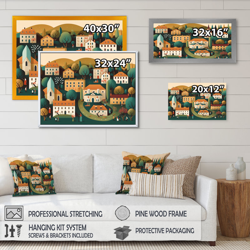«Small Town Village I», reproduction d'art sur toile, Cadre photo noir, H 30 po x l 40 po x P 1,5 po