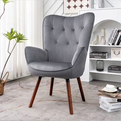 Fauteuil à oreilles de style Mid-Century moderne, fauteuil capitonné en tissu de polyester avec pieds évasés en bois massif pour le bureau de la chambre à coucher et du salon