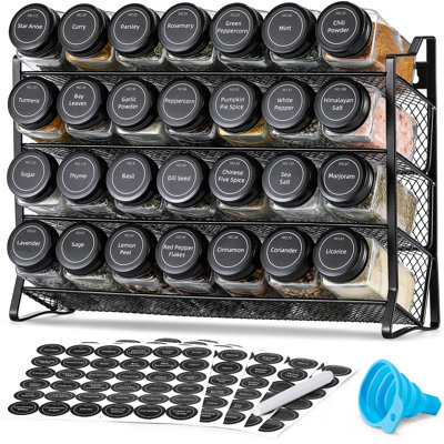 Spice Rack Organizer For Cabinet, Spice Organizer With 28 Empty Spice Jars With Black Lids, Funnel, Spice Labels, Seasoning Organizer For Countertop, Cabinet, Kitchen, Pantry, Cupboard