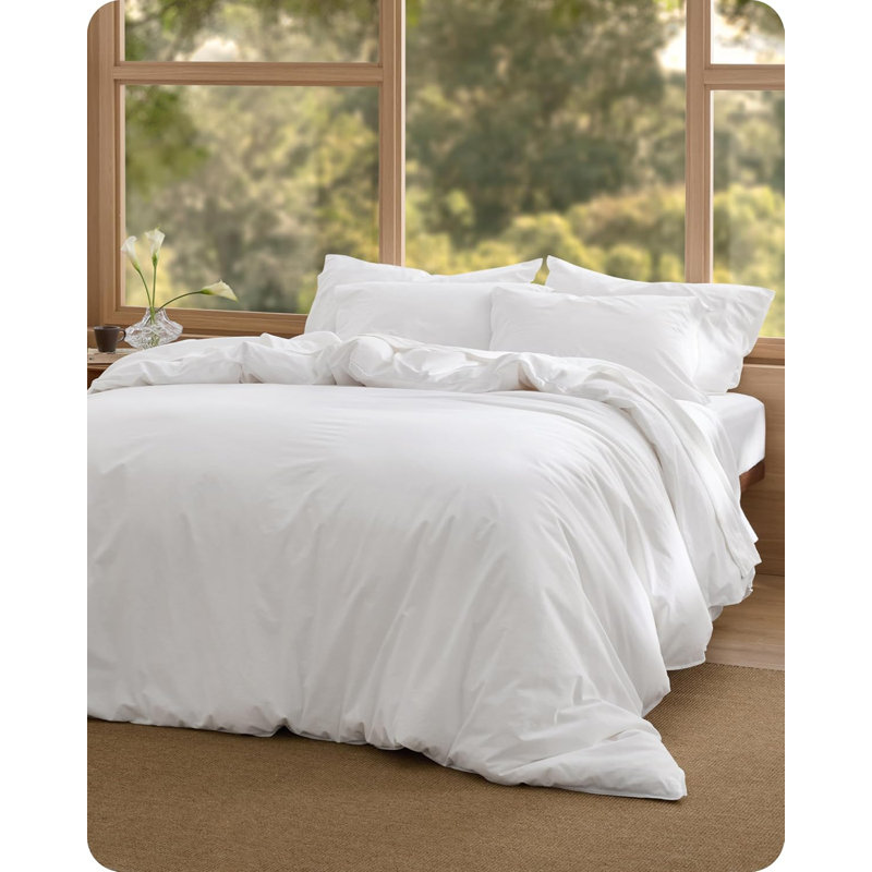 Bedsure Cotton Duvet Cover Queen Size - Luxury Slub Weave 100% Cotton Duvet Cover Set with a Linen Like Textured, Easy Change Durable Bedding Set 3 Pieces, Bright White, 90" x 90"