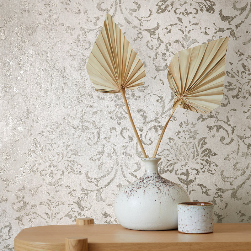 Kavalier Mottled Damask 10.05M X 53Cm Metallic Elements Wallpaper Roll, Beige