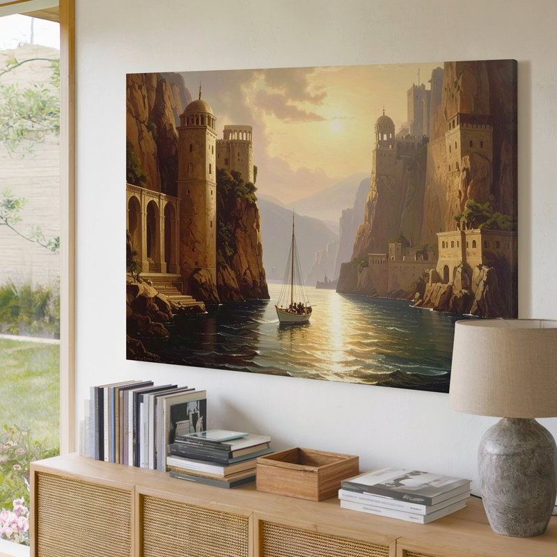 Art mural, voilier et cliffside château, H 30 po x l 30 po