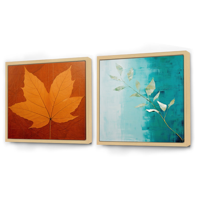 Harmonie de feuilles abstraites turquoise - ensemble de 2 feuilles carrées, Cadre flottant brun, H 36 po x l 73 po