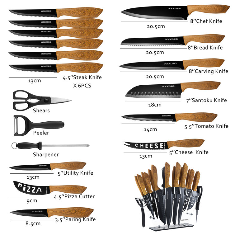  Dockorio Kitchen Knife Set with Block, all in one 19 PCS High  Carbon Stainless Steel Sharp Serrated Steak Knives Set, Chef Knives, Bread  Knife, Scissor, Sharpener: Home & Kitchen