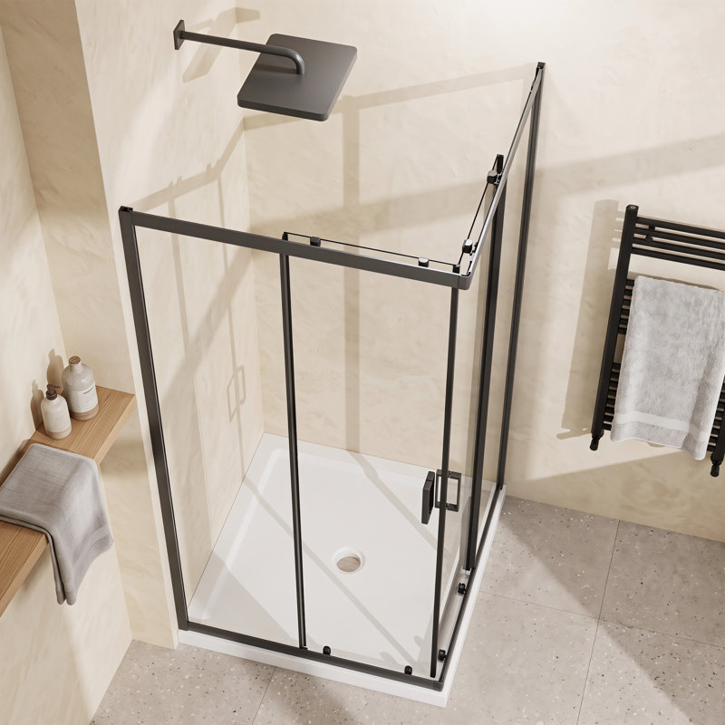 Porte de douche d'angle coulissante en verre trempé transparent
