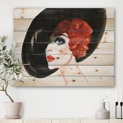 Red Head Lady In Hat Portrait Of Woman - Modern Print On Natural Pine Wood -  East Urban Home, 25812FB9E34049EA912CBA3373F3B760