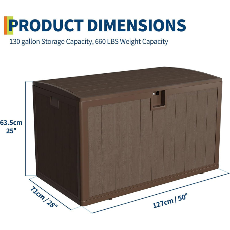 130 Gallon Outdoor Waterproof Storage Box, Outdoor Storage Boxes, Brown, 25" H x 50" W x 28" D