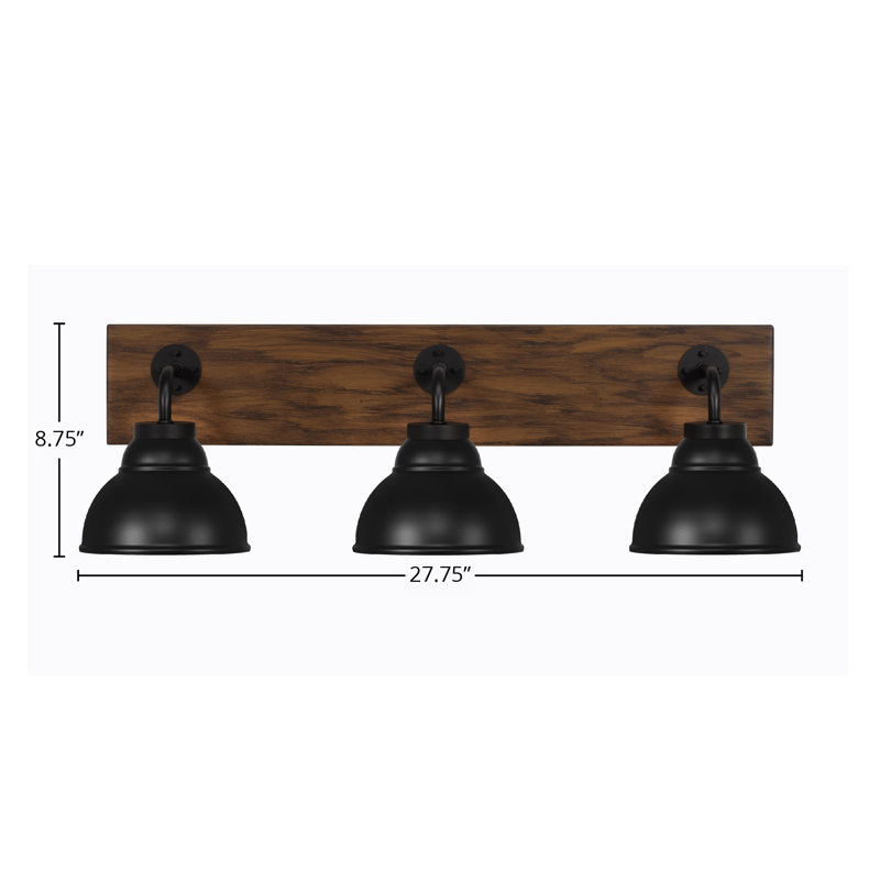 Barre d'éclairage de salle de bain 3 lumières Oxbridge avec finition en métal à double bulles de 7 po, Noir, Noir mat / bois