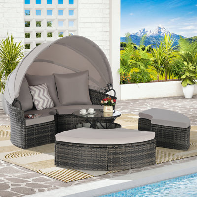Outdoor Patio Round Daybed with Retractable Canopy and Storable Table