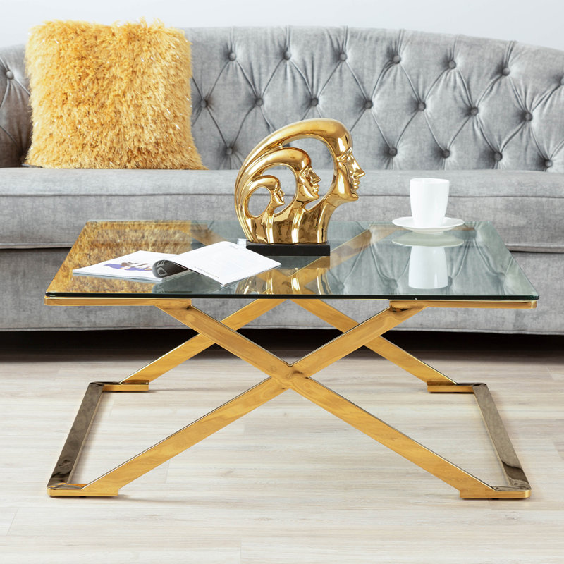 Ayaa 100cm Wide Metal Coffee Table for Living Room Furniture, Modern Glass Top Centre Table, Gold, Clear