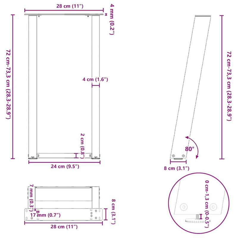 Table Leg, 73cm H x 28cm W x 8cm D