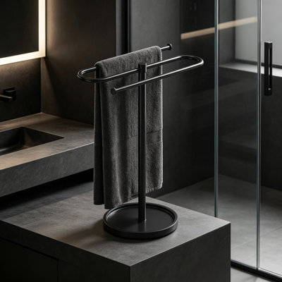 Porte-serviettes sur pied en acier inoxydable pour salle de bain, avec barre en forme de S, noir.
