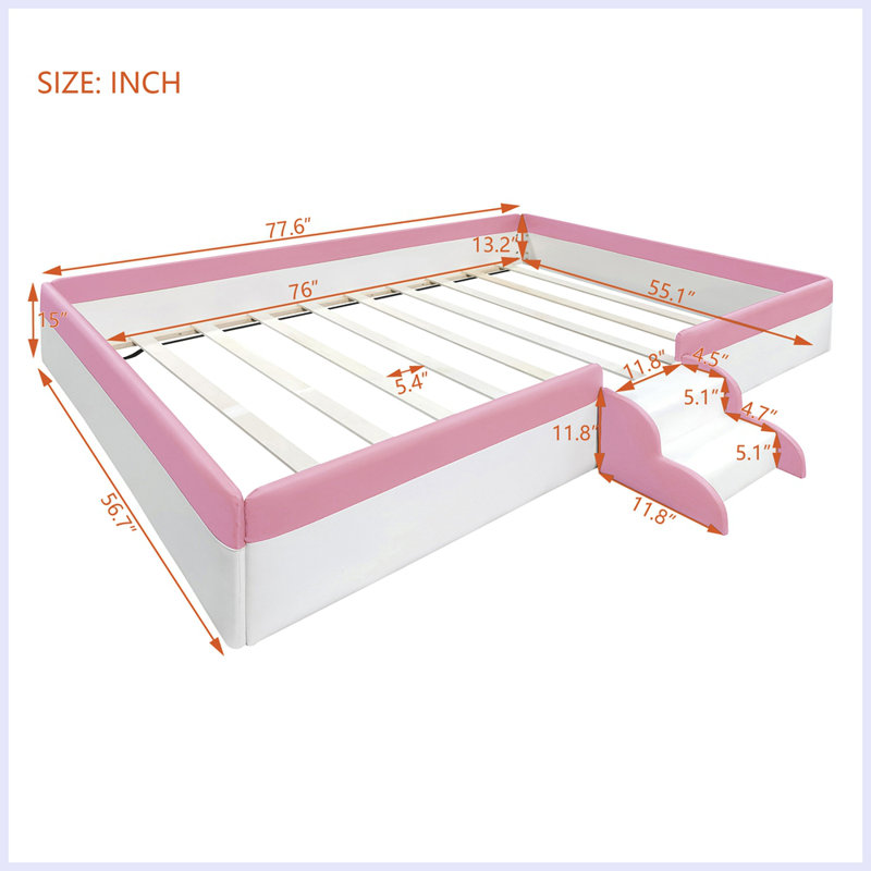 Floor Upholstered Kids Bed With Stairs, Full, Pink/White