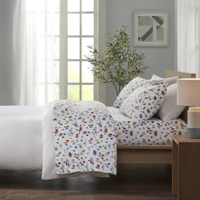 Drap-housse blanc 4 pièces, 100% flanelle de coton, doux au toucher, comprend des draps et des taies d'oreiller, lavable à la machine pour un entretien facile - avec imprimé, confortable et confortable