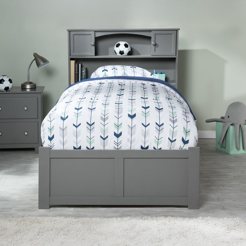 Brevyn Solid Wood Bookcase Storage Platform Bed with Footboard & Roll Out Trundle, Gray, Twin