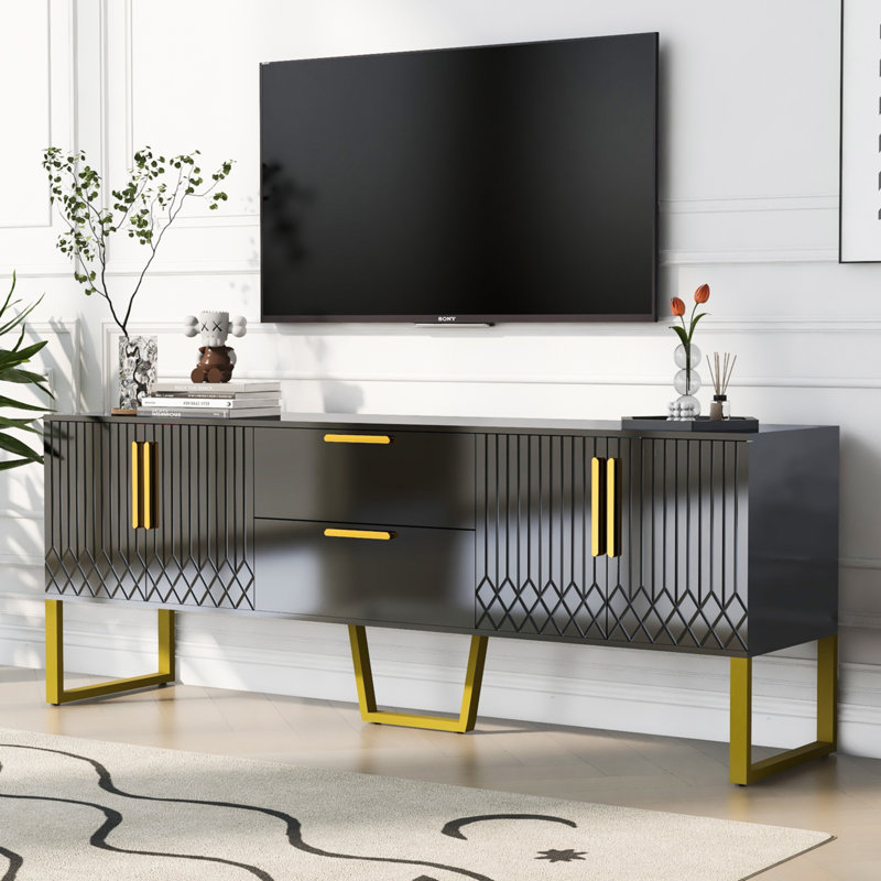 Console 66,9 po avec poignées et pieds en métal, meuble télé moderne, armoire de rangement à 2 portes avec tiroirs, Noir