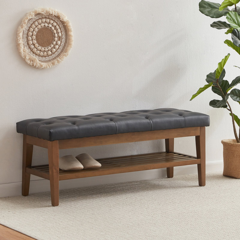 Upholstered Storage Bench, Black Faux Leather