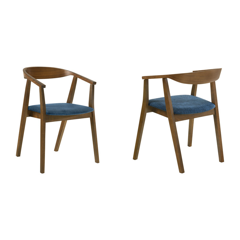 Chaises de salle à manger à dossier ouvert avec accoudoirs en bois d'hévéa et tissu Jeyhan, 6, Bleu, Brun