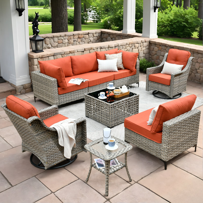 High Quality Pe Rattan Outdoor Sofa With Coffee Table And Rocking Chair 8-Piece Set, Orange Stable