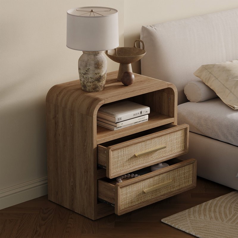 Curved Edge Rattan Drawer Nightstand With 2-Drawer And 1 Open Shelf Storage, Natural