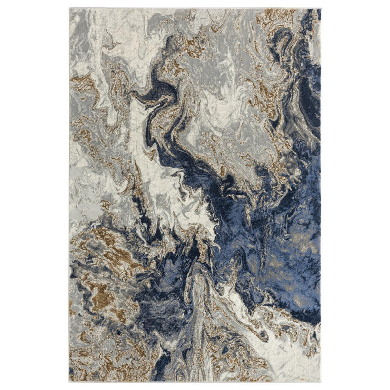 Modern Abstract Blue Gray Gold Area Rug, 	Rectangle 8' x 10'