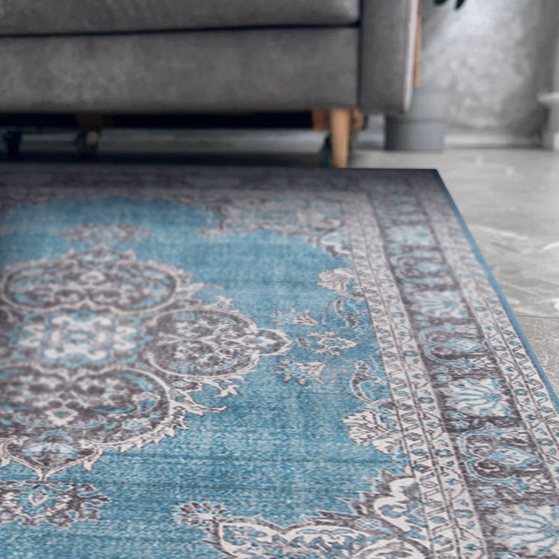Tapis décoratif bleu à motif tissé rétro, Runner 2'6" x 5'