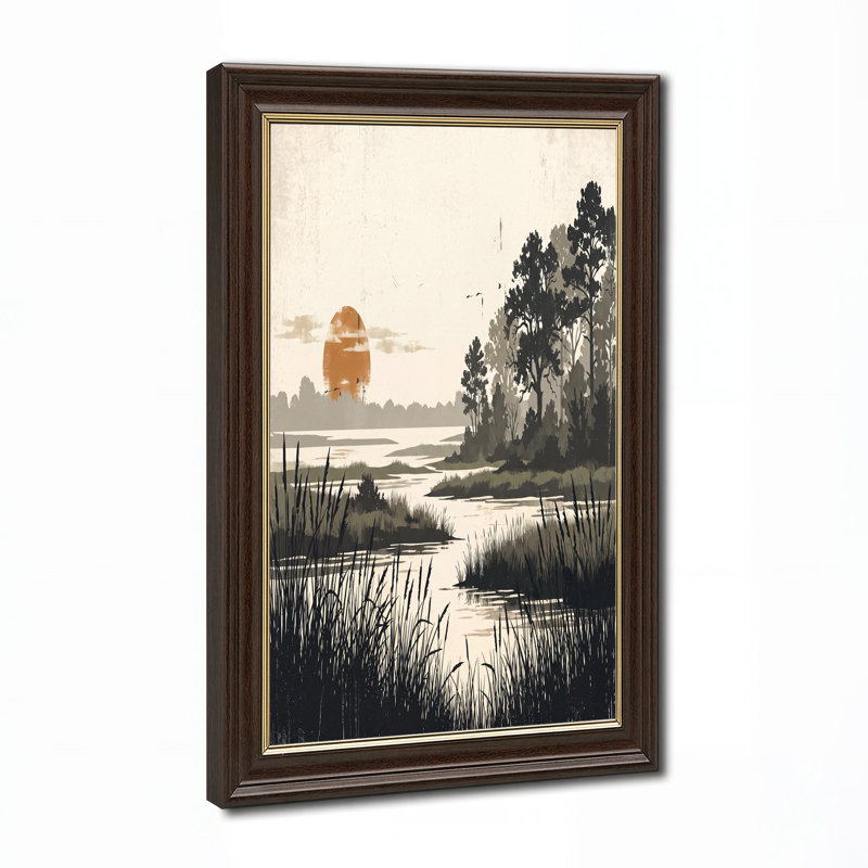Silhouette, arbres et roseaux au coucher du soleil orange, art mural sur toile, H 12 po x l 18 po