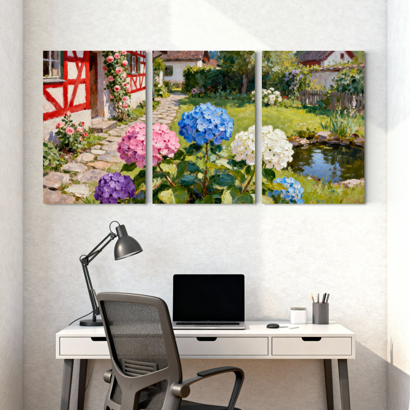Ensemble de 3 tableaux sur toile représentant un jardin d'hortensias, H 30 po x l 60 po