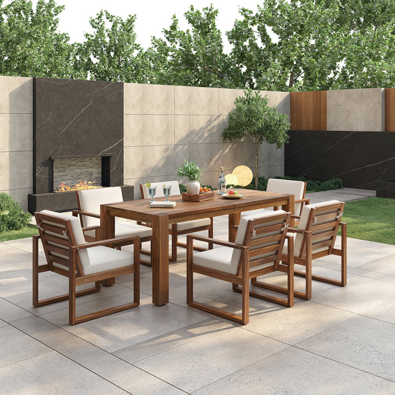 Ensemble de mobilier d'extérieur 7 pièces, ensemble repas pour 6 personnes avec trou pour parasol, Moka