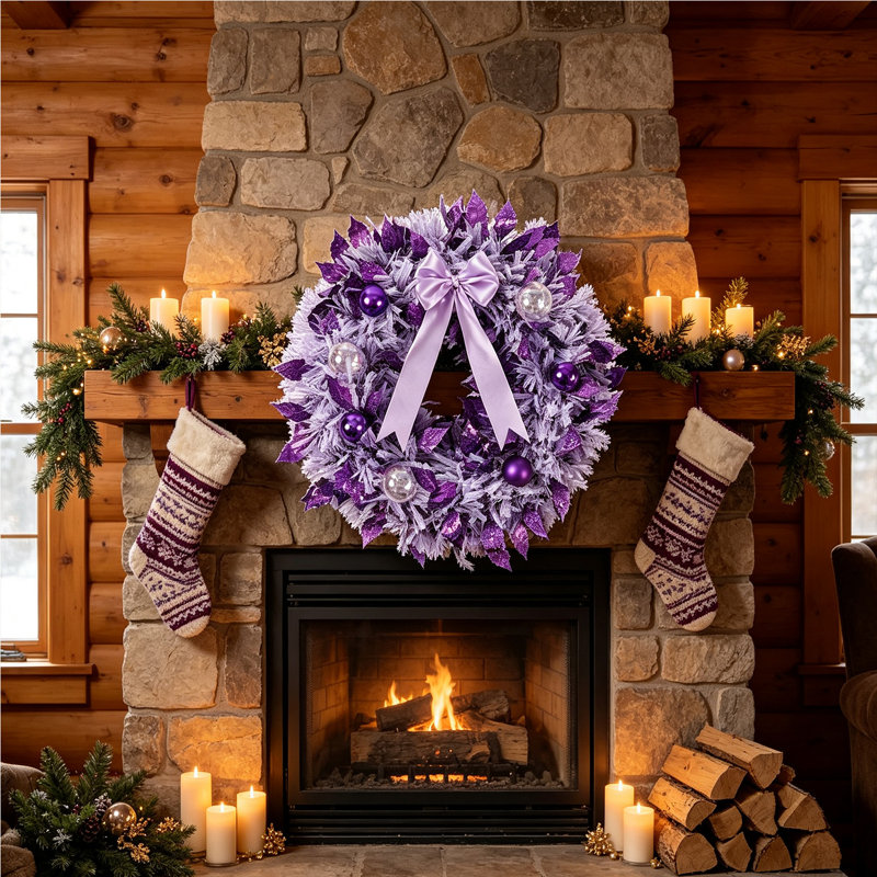 Couronne de Noël artificielle mauve / rose de 16 pouces, couronne de feuilles de paillettes Harry avec un arc en satin et des boules brillantes, couronne de Noël de porte d'entrée pour les décorations de Noël intérieures et extérieures
