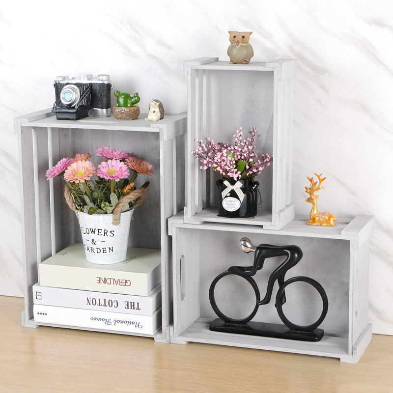 Ensemble de 3 caisses en bois massif, Gris foncé