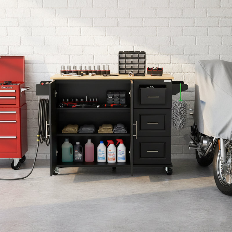 Mobile Garage Storage Cabinet with Drawers & Adjustable Shelves – Rolling Utility Cart with Rubber Wood Top, Black