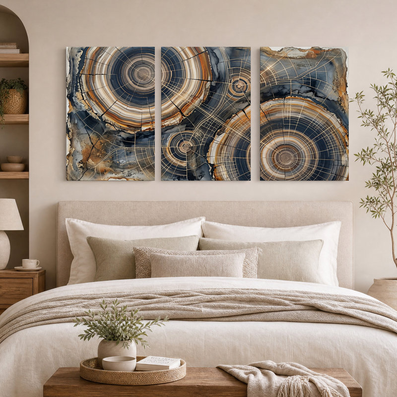 Ensemble de 3 toiles murales à motif géométrique d'anneaux d'arbre bleus et dorés, 30"H x 20"W x 3pcs