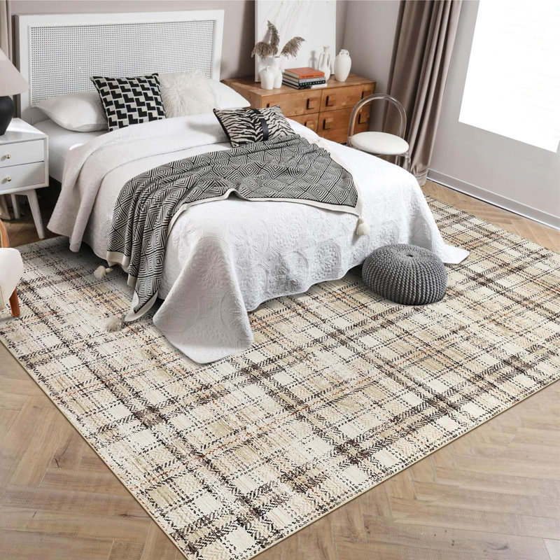 Rectangle Plaid Area Rug, Beige, Runner 60 x 230 cm