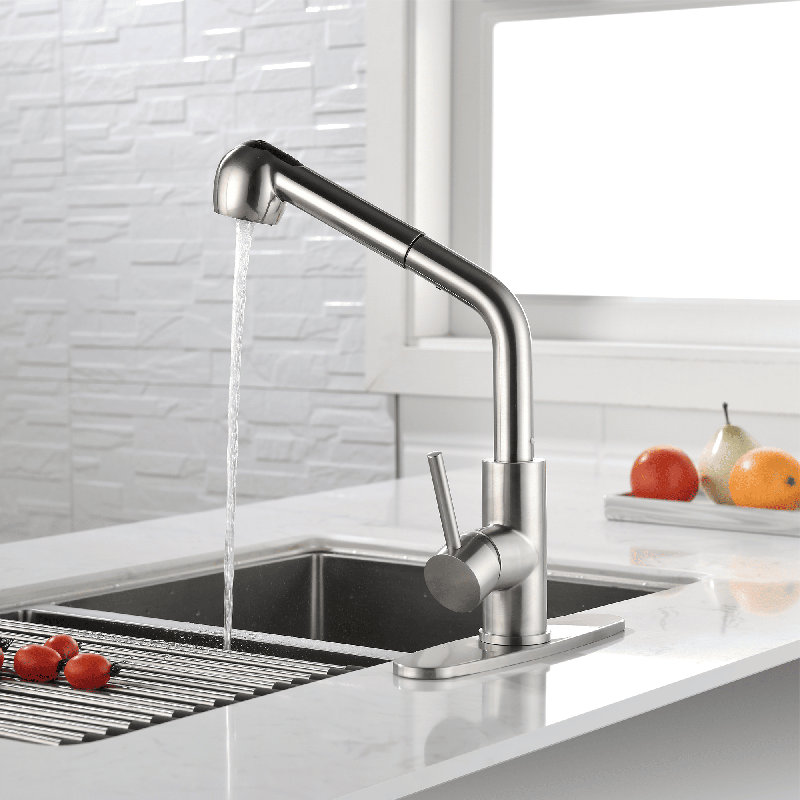 Robinet d'évier de cuisine à poignée simple extractible, Nickel brossé