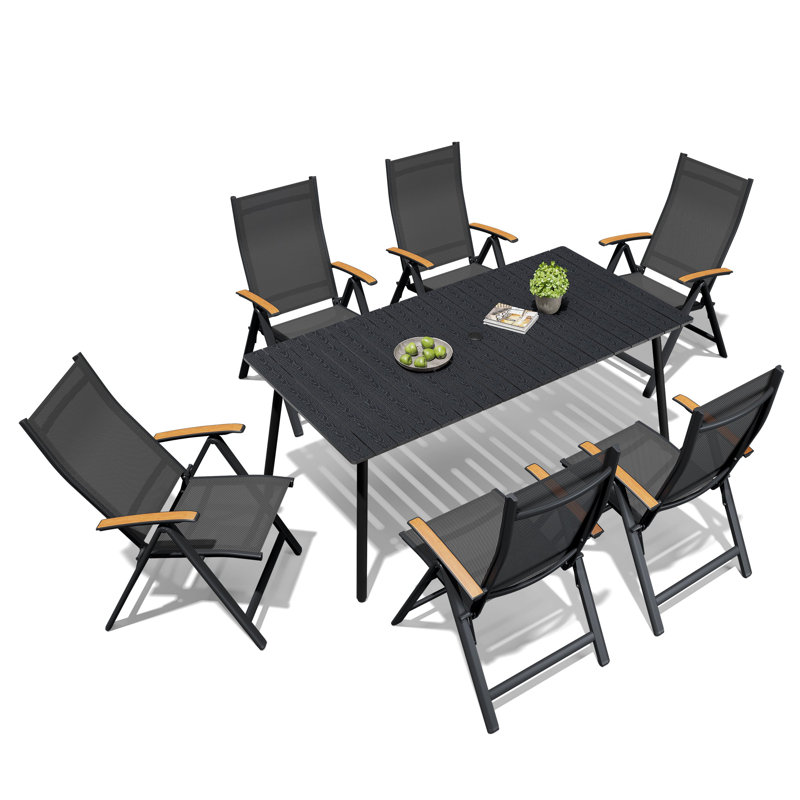  Ensemble repas pour 6 personnes avec structure en aluminium et fauteuils inclinables pliés, Noir