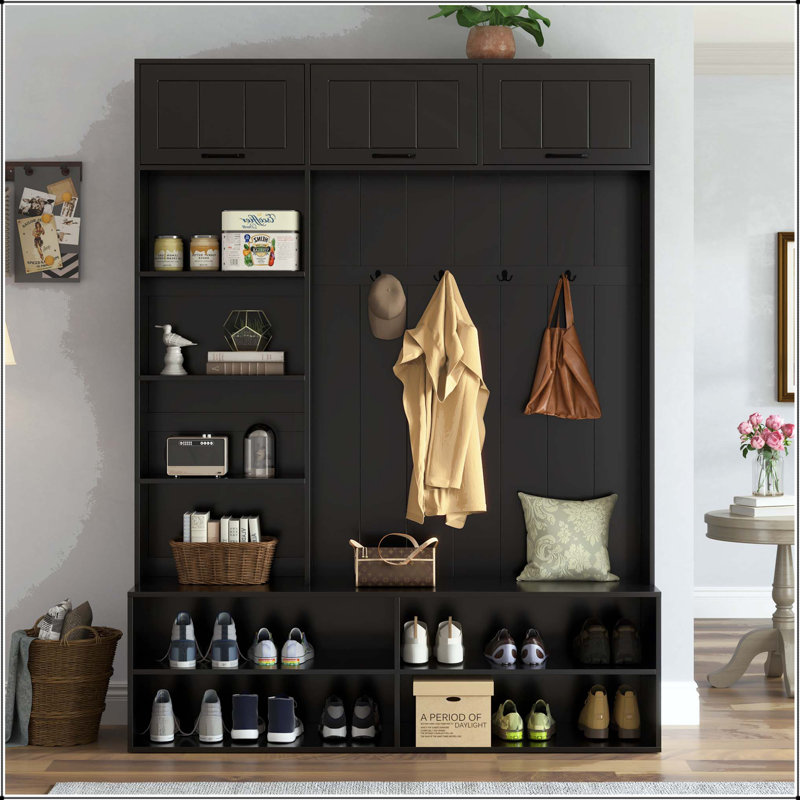 Arbre d'entrée 76,9 po avec banc, rangement pour chaussures et 4 crochets, Noir