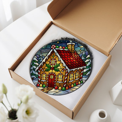 12"H Gingerbread House Stained Glass Window Panel