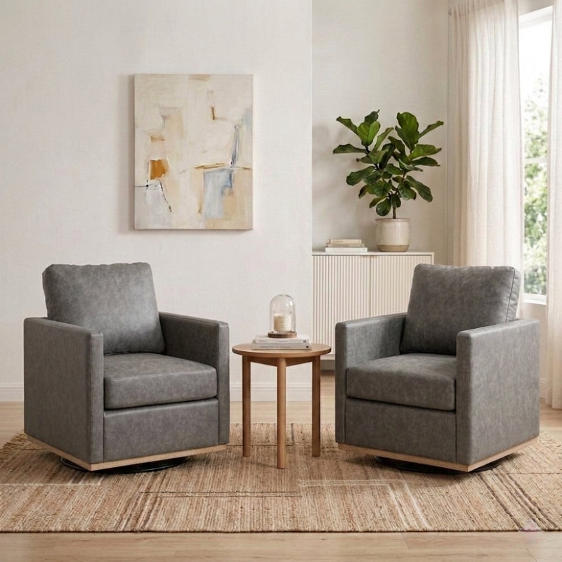 30.5" W Upholstered Comfy Swivel Club Chair, Gray Faux Leather