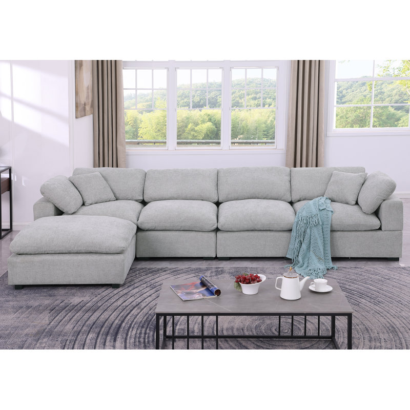 Amiyiah Upholstered L-shaped Couch With Ottoman Sectional, Light Gray Polyester