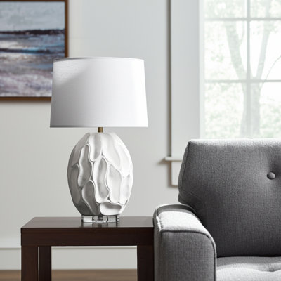 Table Lamp Stone And Quartz Sculpted Textured Base With White Fabric Shade 27" White For Home Office Bedroom Living Room - 27" White