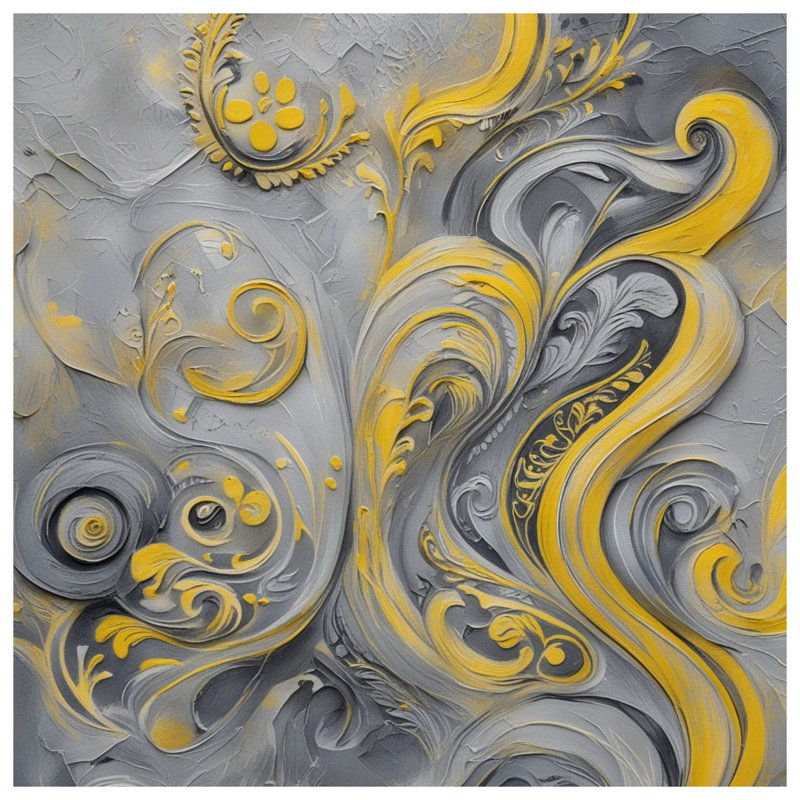 Tapisserie murale jaune tourbillons gris et ornementaux, H 104 po x 88 avec 4 œillets