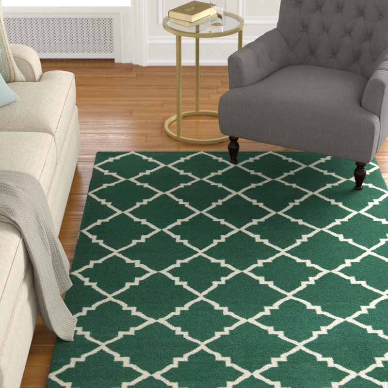 Tapis vert en laine tissé à la main Kramer, Rectangle 9 pi x 13 pi