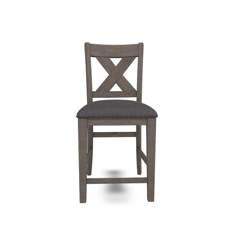 Ensemble de 2 chaises à hauteur de comptoir Caity, bois d'acacia gris, dossier en forme de X