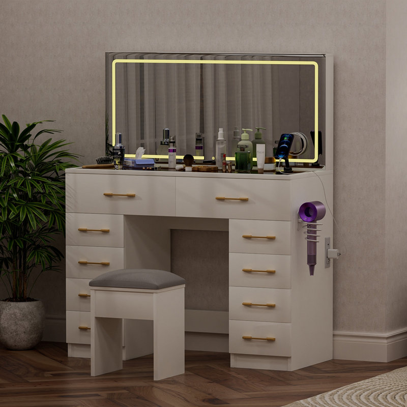 46"Glass Top Vanity Desk With 10 Drawers Makeup Vanity With Mirror And Stool,3 Lighting Modes Dressing Table,Power Outlet, Silent Slides, White Big Vanity For Bedroom