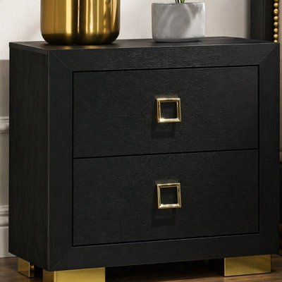 Modern 1pc Nightstand Black Color Center Glide 2-Drawers Bedside Table Square Pulls Bedroom Furniture